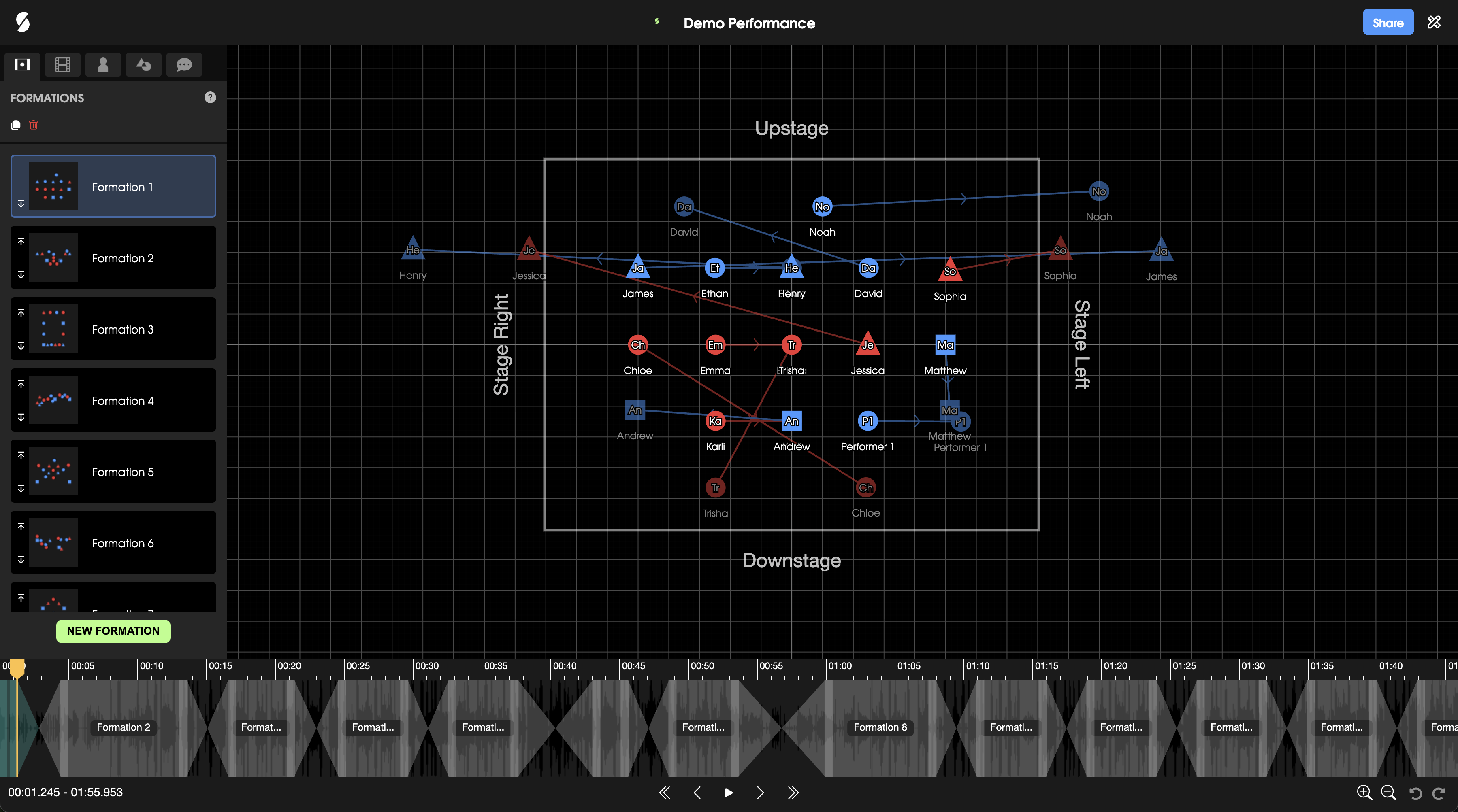 StageKeep interface showing stage formations and timeline